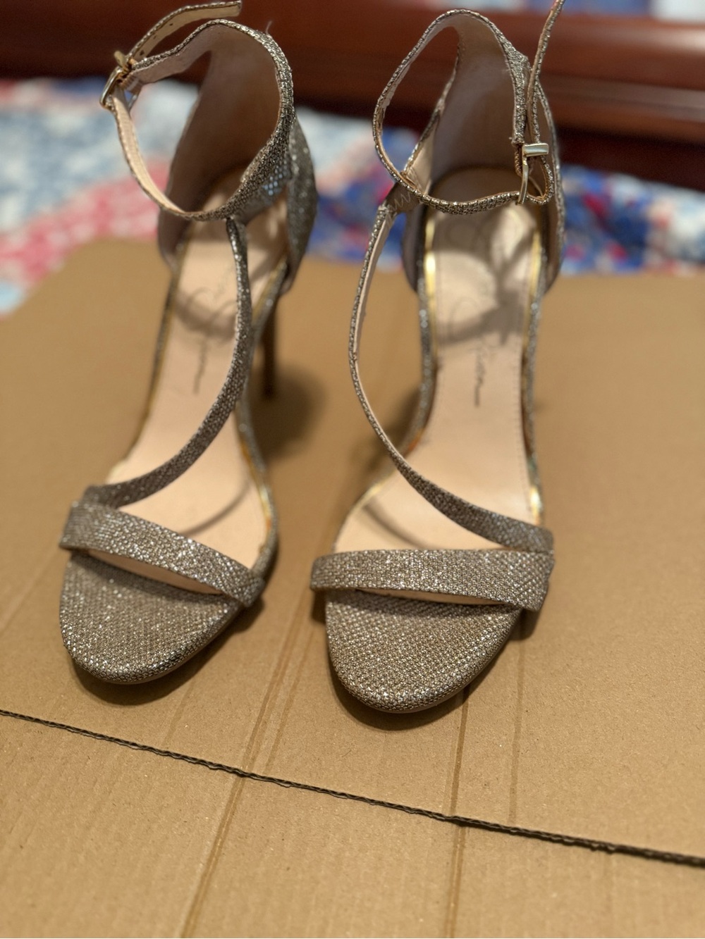 Jessica Simpson Glitter T-Strap Ankle Strap High Heel Sandals - Gold